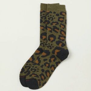 ROTOTO Japan Unisex Pile Leopard Crew Socks Dark Olive OSFM
